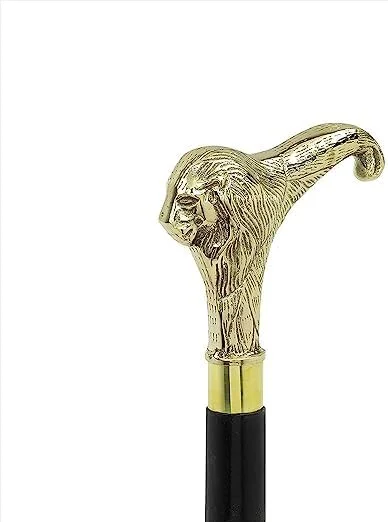 عصای پیاده روی چوبی با سر شیر برنجی دست ساز و طراحی وینتیج فولکروم، هدیه ای ایده آل