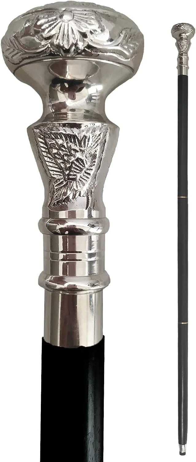 عصای پیاده روی قدیمی FYNJREX، عصای چوبی با دستگیره برنجی نقره ای، چوب سیاه - عصای ویکتوریایی - عصای فانتزی برای مردان و زنان - عصای لباس هالووین