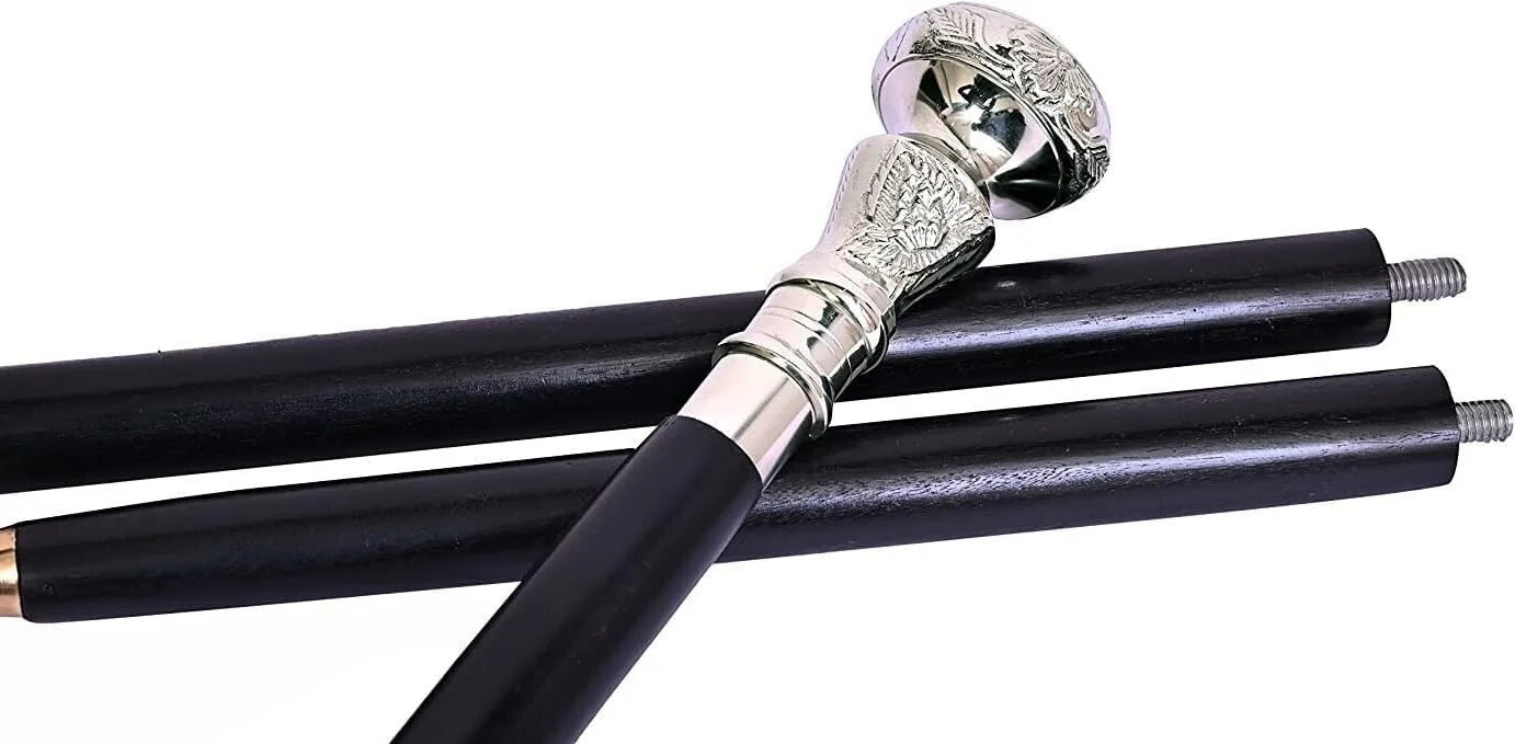 عصای پیاده روی قدیمی FYNJREX، عصای چوبی با دستگیره برنجی نقره ای، چوب سیاه - عصای ویکتوریایی - عصای فانتزی برای مردان و زنان - عصای لباس هالووین