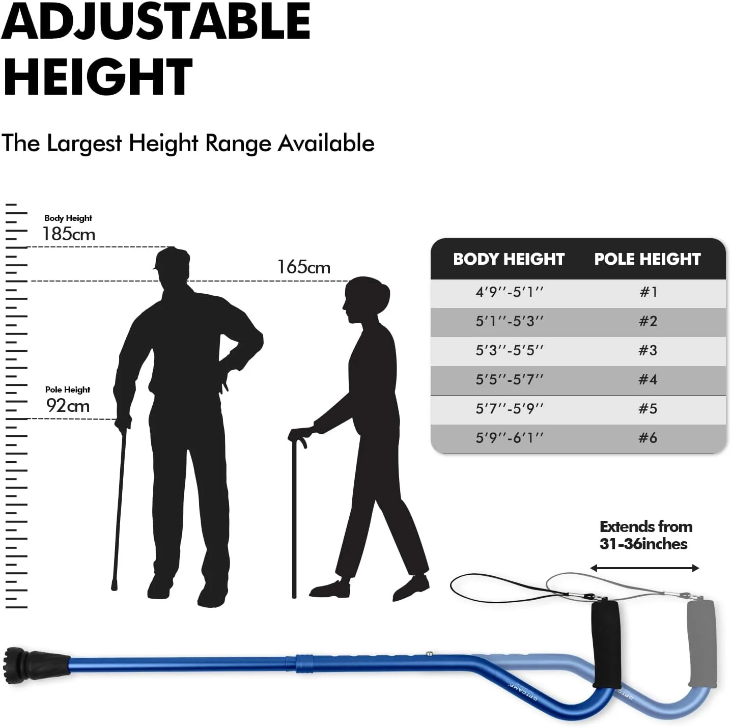 عصای پیاده روی GPTCAMP برای مردان و زنان، عصای تاشو سبک وزن با دسته نرم و بالشتکی