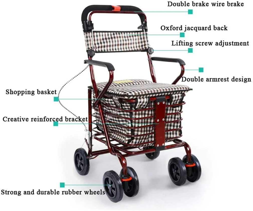 واکر چهار چرخ، سبد خرید سالمندان، نرده چند منظوره با ترمز و پشتی قابل تنظیم، ترولی واکر چرخ دار یک سورپرایز کوچک