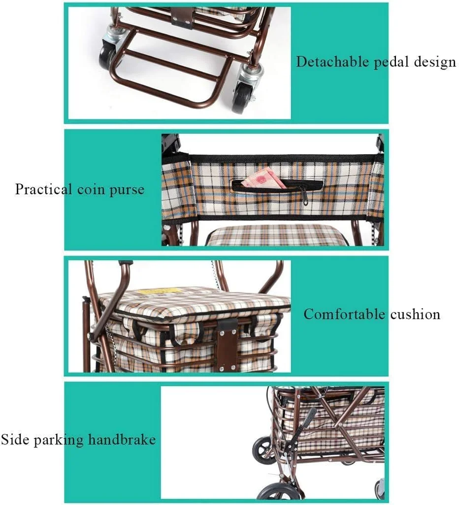 واکر چهار چرخ، سبد خرید سالمندان، نرده چند منظوره با ترمز و پشتی قابل تنظیم، ترولی واکر چرخ دار یک سورپرایز کوچک