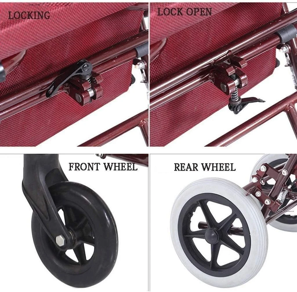 واکر تاشو قرمز، قاب پیاده‌روی رولیتور با ترمزهای قفل‌دار، صندلی، واکر سالمندان، اسکوتر دستی تفریحی برای سکته مغزی، سورپرایز کوچک
