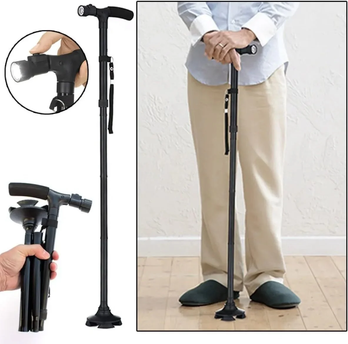 عصای تاشو با چراغ LED، قابل تنظیم، سبک وزن، آلومینیومی، ضد لغزش، عصای پیاده روی تاشو برای سالمندان و بزرگسالان (1 عدد)