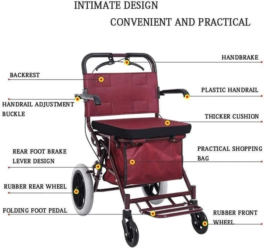 واکر تاشو قرمز، قاب پیاده‌روی رولیتور با ترمزهای قفل‌دار، صندلی، واکر سالمندان، اسکوتر دستی تفریحی برای سکته مغزی، سورپرایز کوچک