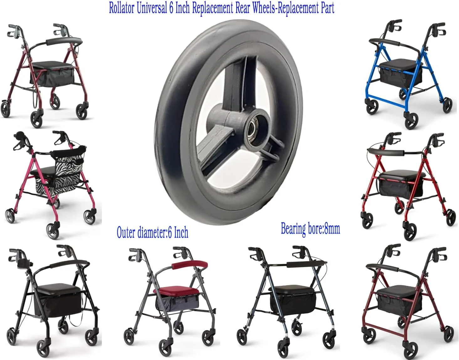 چرخ عقب یدکی رولیتور ForconMed، چرخ عقب رولیتور 6 اینچی، چرخ توپر 6 اینچی، چرخ کستر 3 پره 6 اینچی، لوازم جانبی رولیتور، قطعات جهانی، MDS86825SLRW، مجموعه 2 عددی، مشکی.