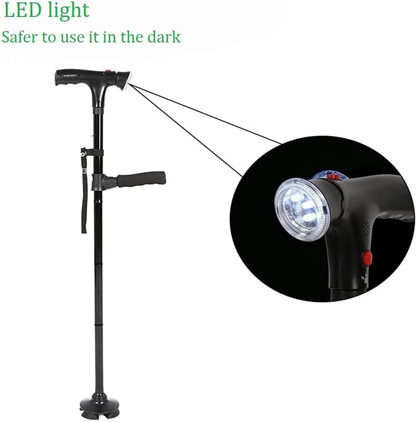 عصای تاشو با چراغ LED، عصاهای قابل تنظیم برای سالمندان، عصا برای مردان و زنان با دسته بالشتکی 2 T و پایه چهارگانه چرخان برای افراد مبتلا به آرتروز، معلول و سالمند