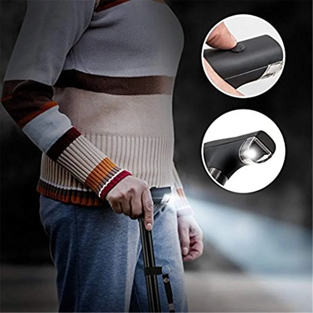 عصای تاشو با چراغ LED، عصا و چوب دستی قابل تنظیم برای مردان و زنان، عصای پیاده روی برای سالمندان با دسته T بالشتکی و پایه چهارگانه چرخان