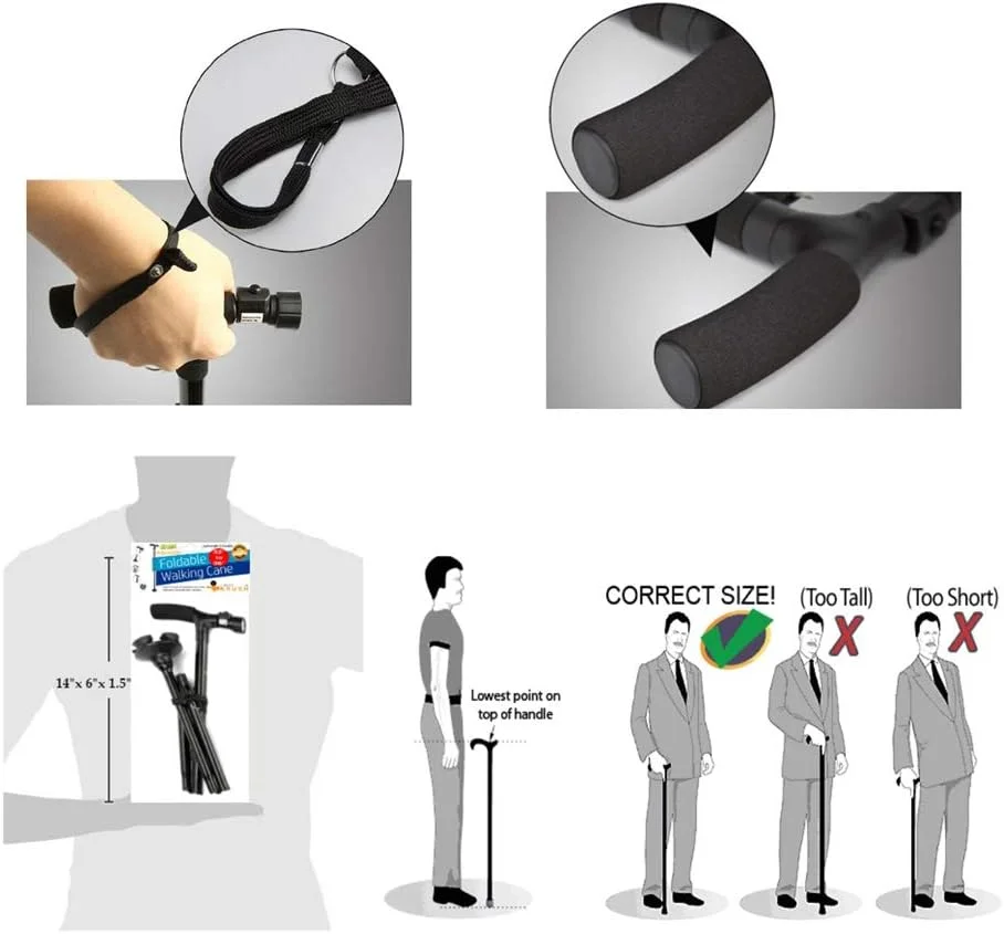 عصای تاشو با چراغ LED، عصا و چوب دستی قابل تنظیم برای مردان و زنان، عصای پیاده روی برای سالمندان با دسته T بالشتکی و پایه چهارگانه چرخان