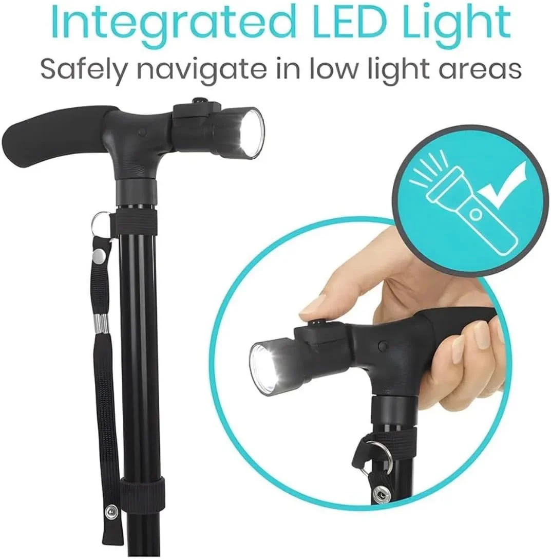 عصای تاشو با چراغ LED، قابل تنظیم، سبک وزن، آلومینیومی، ضد لغزش، عصای پیاده روی تاشو برای سالمندان و بزرگسالان (1 عدد)