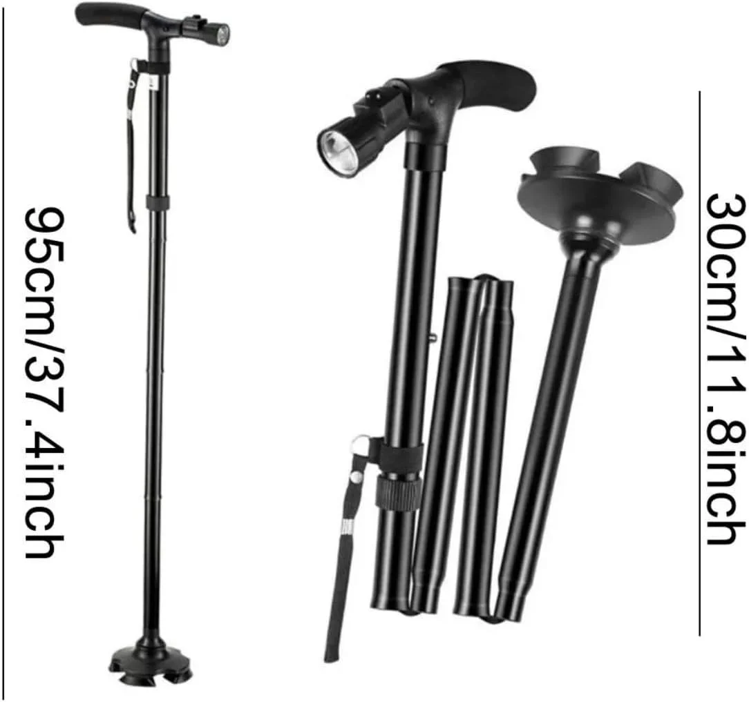 عصای تاشو با چراغ LED، قابل تنظیم، سبک وزن، آلومینیومی، ضد لغزش، عصای پیاده روی تاشو برای سالمندان و بزرگسالان (1 عدد)