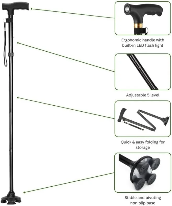 عصای پیاده روی تاشو با چراغ LED و پایه چهارگانه متعادل کننده – عصای آلومینیومی سبک وزن با دستگیره ضد لغزش، قابل تنظیم ارتفاع و دسته ارگونومیک برای سالمندان، افراد مسن و پشتیبانی از تحرک