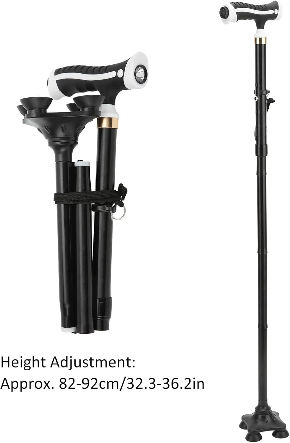 عصای پیاده روی تاشو با چراغ LED و پایه چهارگانه متعادل کننده – عصای آلومینیومی سبک وزن با دستگیره ضد لغزش، قابل تنظیم ارتفاع و دسته ارگونومیک برای سالمندان، افراد مسن و پشتیبانی از تحرک