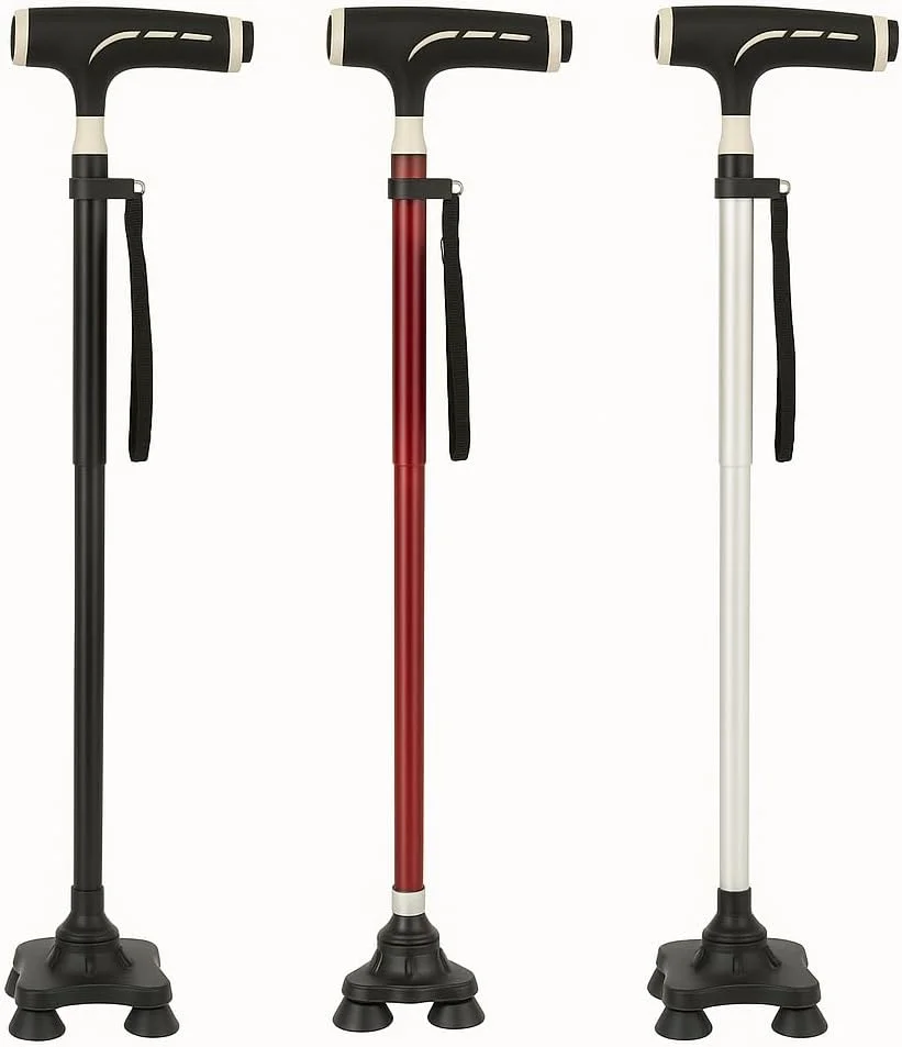 عصای پیاده روی تاشو با چراغ LED و پایه چهارگانه متعادل کننده – عصای آلومینیومی سبک وزن با دستگیره ضد لغزش، قابل تنظیم ارتفاع و دسته ارگونومیک برای سالمندان، افراد مسن و پشتیبانی از تحرک