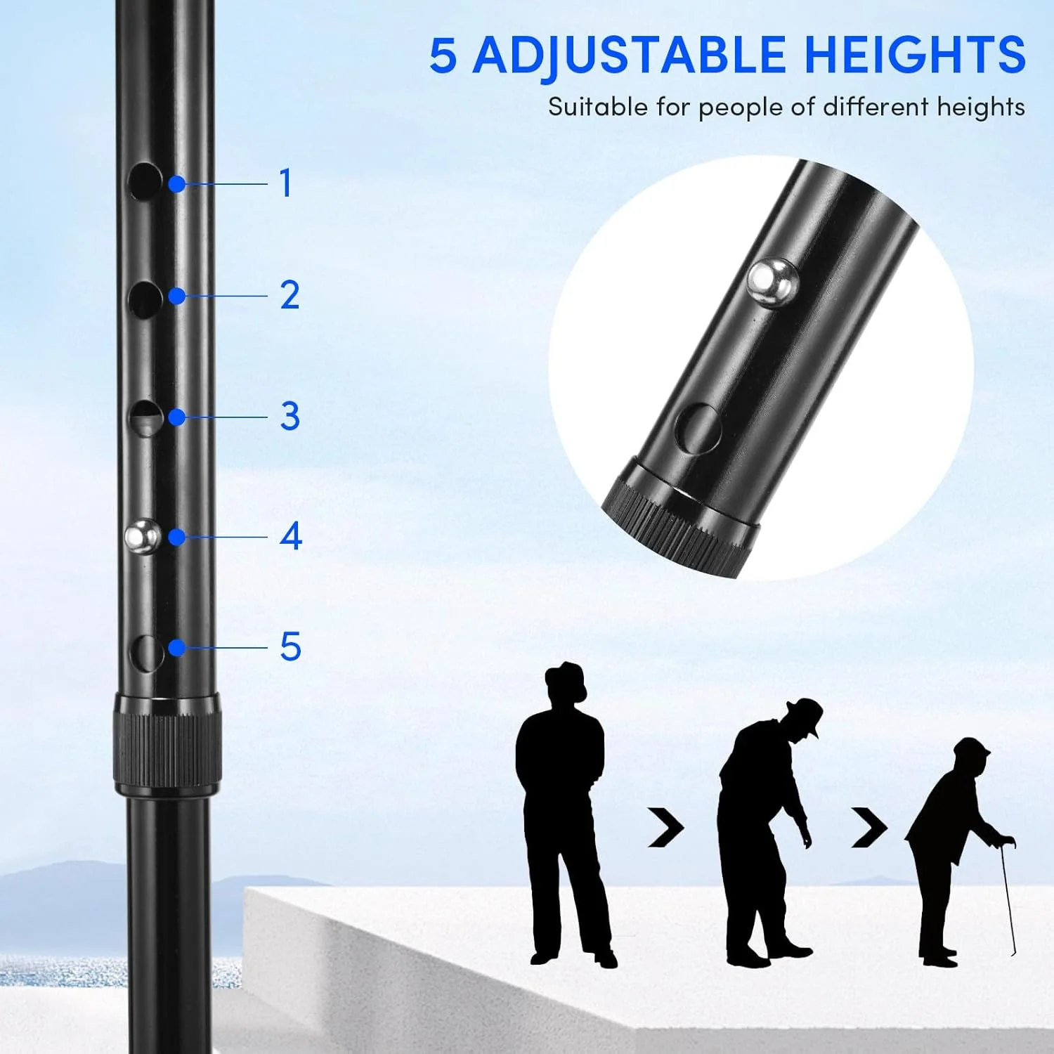 عصا با صندلی تاشو سبک وزن با چراغ LED، عصای پیاده روی قابل تنظیم برای سالمندان عصا با صندلی تاشو سبک وزن با چراغ LED، عصای پیاده روی قابل تنظیم برای سالمندان