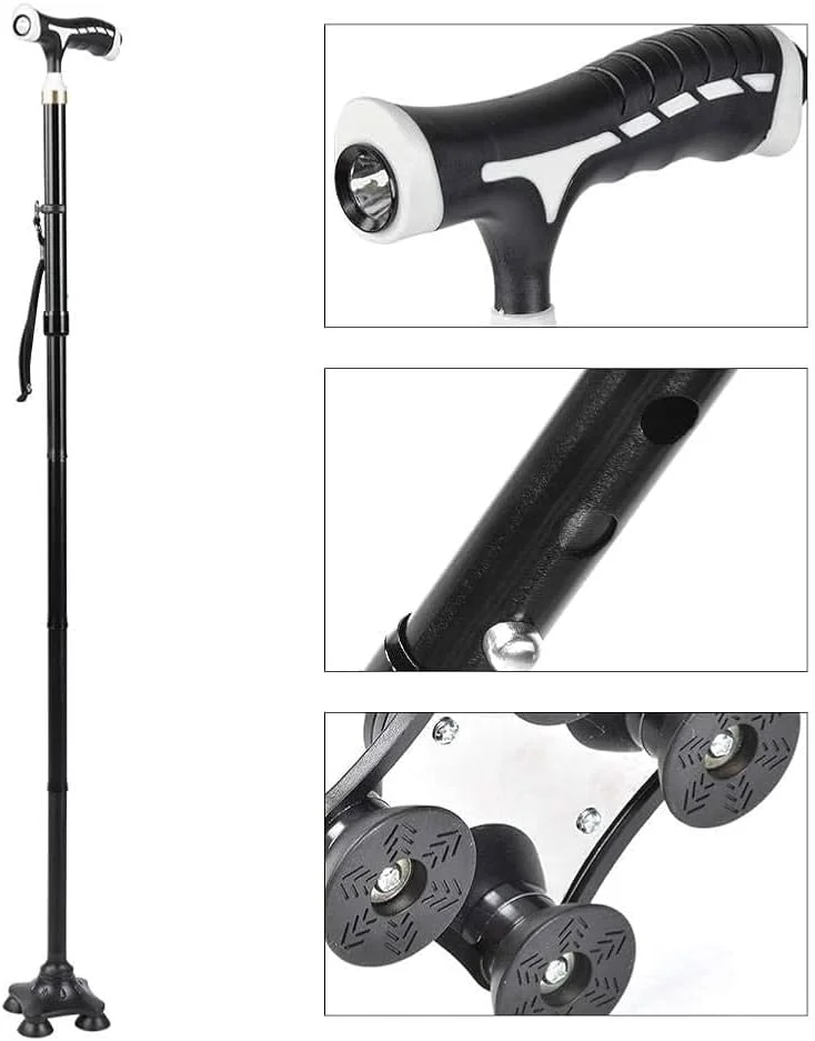 عصای پیاده روی تاشو با چراغ LED و پایه چهارگانه متعادل کننده – عصای آلومینیومی سبک وزن با دستگیره ضد لغزش، قابل تنظیم ارتفاع و دسته ارگونومیک برای سالمندان، افراد مسن و پشتیبانی از تحرک