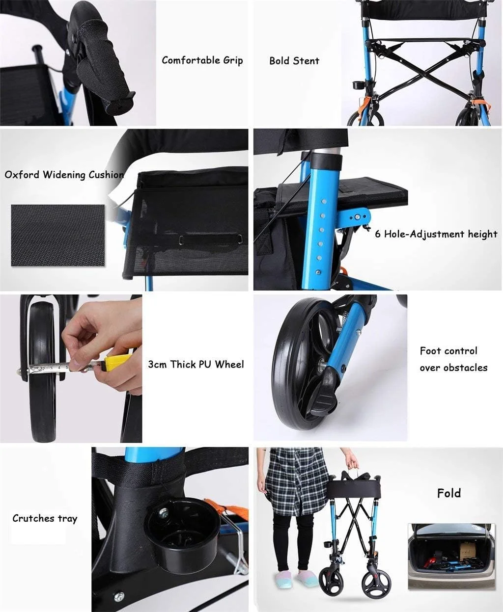 واکر سالمندان آبی تاشو بزرگسالان رولیتور سالمندان قاب پیاده روی کمک 4 چرخ | آلیاژ آلومینیوم | با کوسن پارچه آکسفورد صندلی، ترمزهای قفل شونده، سینی عصا، کیف های ذخیره سازی | ارتفاع قابل تنظیم 80 واکر سالمندان آبی تاشو بزرگسالان رولیتور سالمندان قاب پیاده روی کمک 4 چرخ | آلیاژ آلومینیوم | با کوسن پارچه آکسفورد صندلی، ترمزهای قفل شونده، سینی عصا، کیف های ذخیره سازی | ارتفاع قابل تنظیم 80