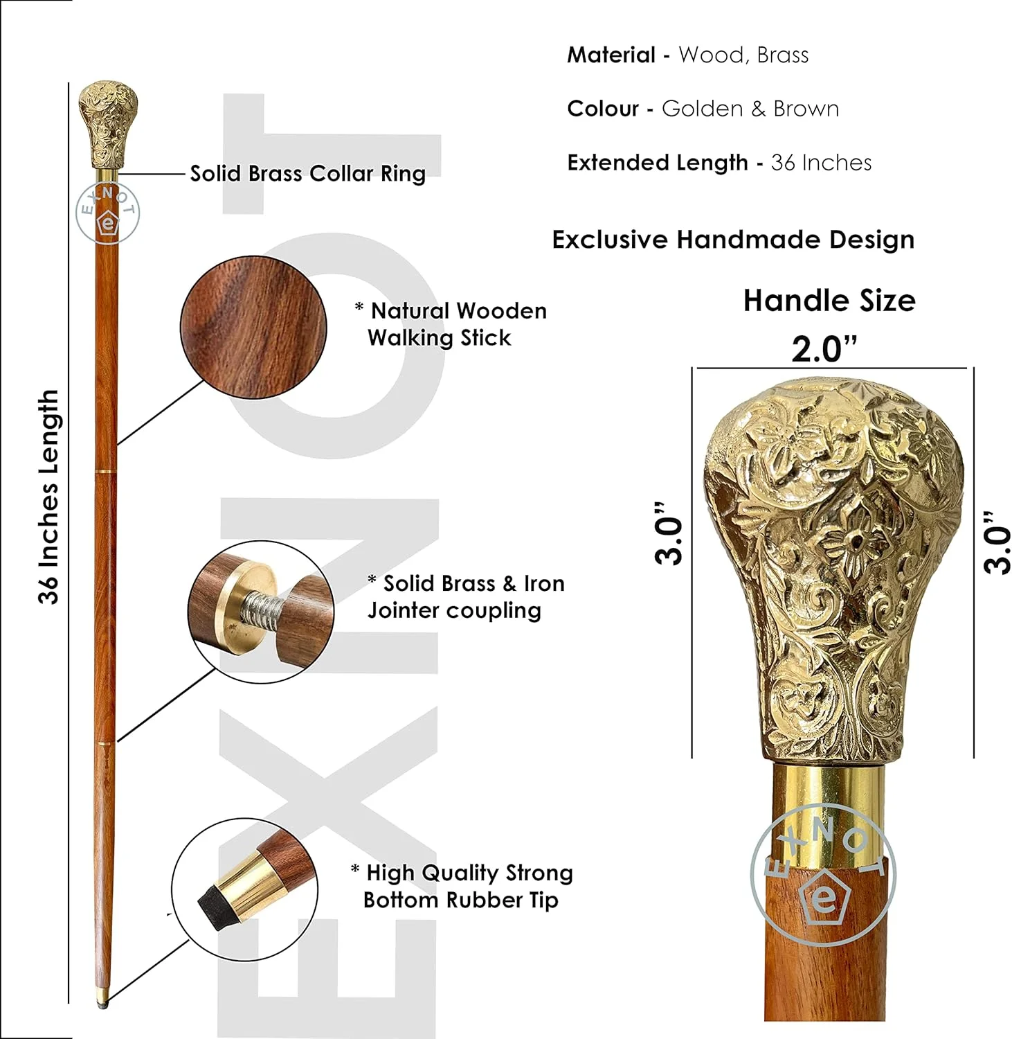 عصای پیاده روی EXNOT 37 اینچی از چوب بلوط طبیعی با دسته برنجی - عصای پیاده روی برنجی شیک و لوازم جانبی تلسکوپی تاشو زیبا از چوب طبیعی