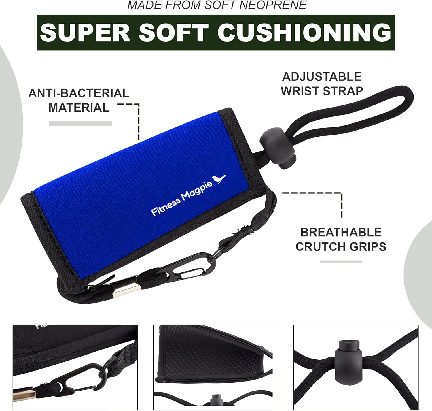 پدهای دسته عصا زیر بغل نئوپرن Fitness Magpie - دستگیره ضد لغزش راحت با فناوری بند مچ دست - یک جفت پد عصای آبی کوسن دار برای عصاهای پیاده روی انگلستان