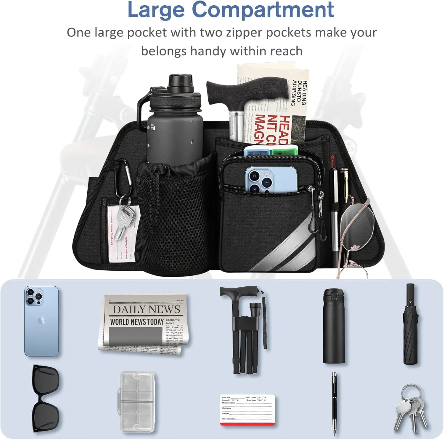 کیف نگهداری جانبی رولیتور FINPAC با جا لیوانی برای واکرهای باریاتریک، ویلچرها - سازمان دهنده لوازم جانبی رولیتور با جای تلفن، خودکار، عینک، کیف عصای تاشو برای سالمندان