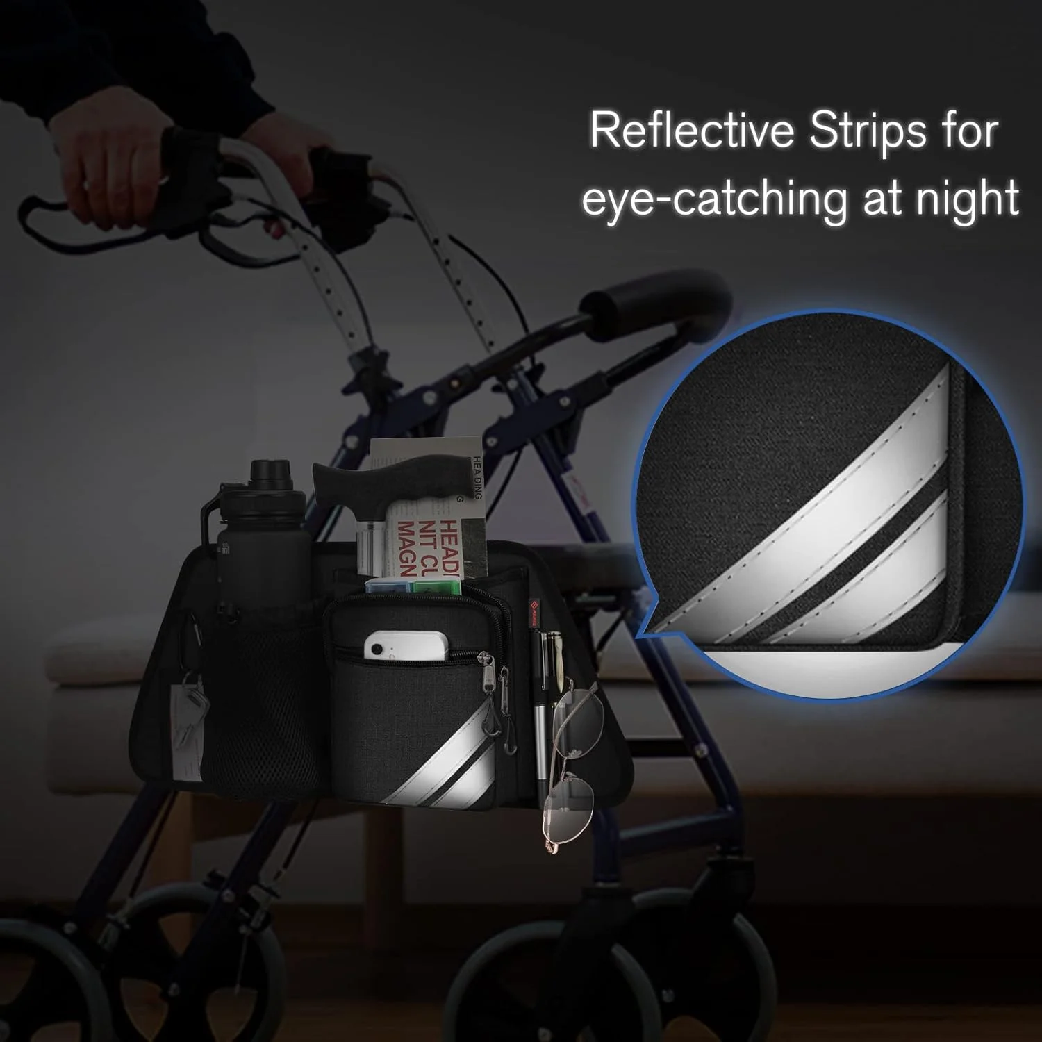 کیف نگهداری جانبی رولیتور FINPAC با جا لیوانی برای واکرهای باریاتریک، ویلچرها - سازمان دهنده لوازم جانبی رولیتور با جای تلفن، خودکار، عینک، کیف عصای تاشو برای سالمندان