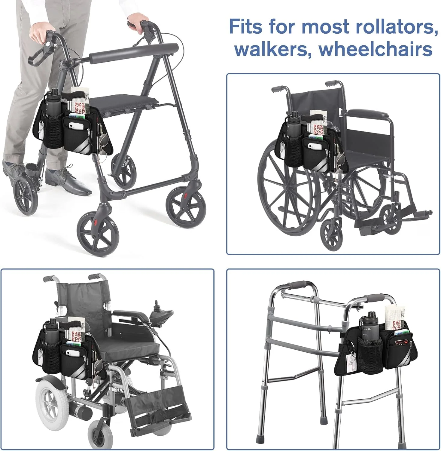 کیف نگهداری جانبی رولیتور FINPAC با جا لیوانی برای واکرهای باریاتریک، ویلچرها - سازمان دهنده لوازم جانبی رولیتور با جای تلفن، خودکار، عینک، کیف عصای تاشو برای سالمندان