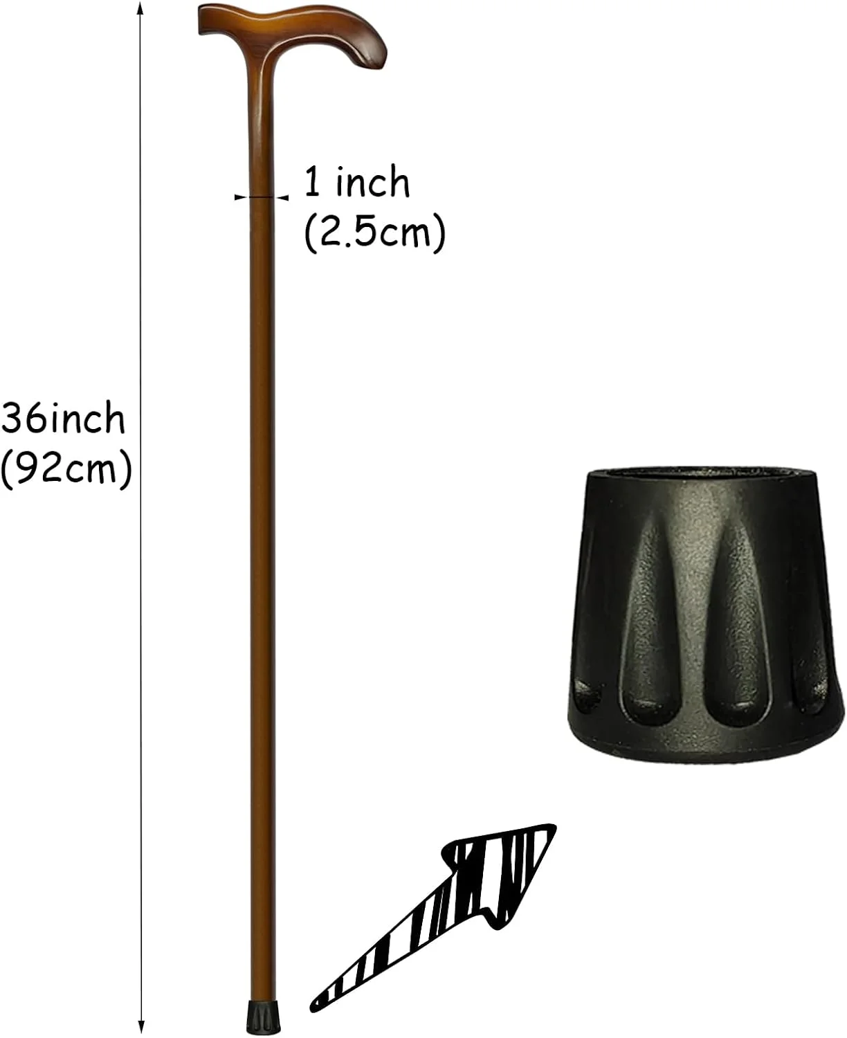 عصای پیاده روی چوبی FLYDRUM برای مردان و زنان، عصای چوبی یک تکه، عصای پیاده روی چوبی 36 اینچی برای مردان و زنان، عصای چوبی ارگونومیک برای سالمندان