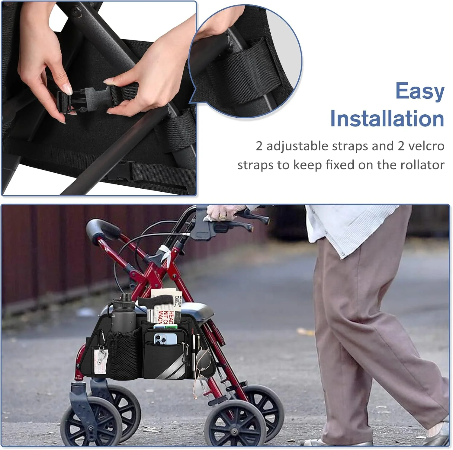 کیف نگهداری جانبی رولیتور FINPAC با جا لیوانی برای واکرهای باریاتریک، ویلچرها - سازمان دهنده لوازم جانبی رولیتور با جای تلفن، خودکار، عینک، کیف عصای تاشو برای سالمندان