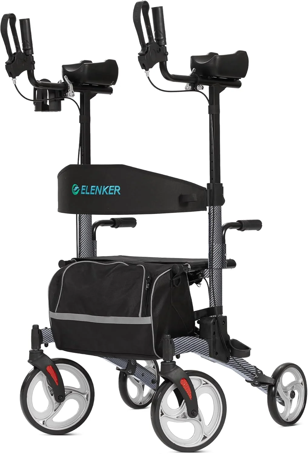 واکر ایستاده ELENKER، واکر رولیتور تاشو با چرخ‌های جلویی 10 اینچی، تکیه‌گاه بازو، نشیمنگاه و پشتی برای سالمندان و بزرگسالان، رنگ: مشکی فیبر کربنی