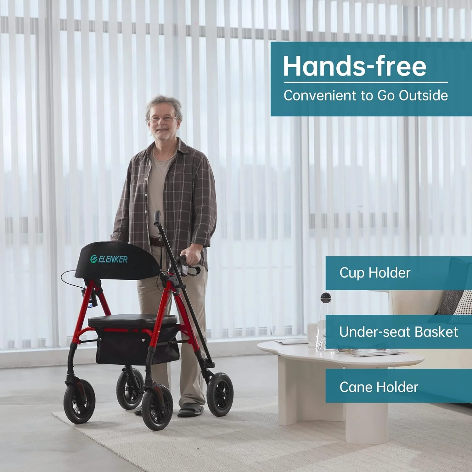 رولیتور همه کاره ELENKER با چرخ های غیر بادی 10 اینچی، صندلی و پشتی اسفنجی، فریم قابل تنظیم برای سالمندان، قرمز رولیتور همه کاره ELENKER با چرخ های غیر بادی 10 اینچی، صندلی و پشتی اسفنجی، فریم قابل تنظیم برای سالمندان، قرمز