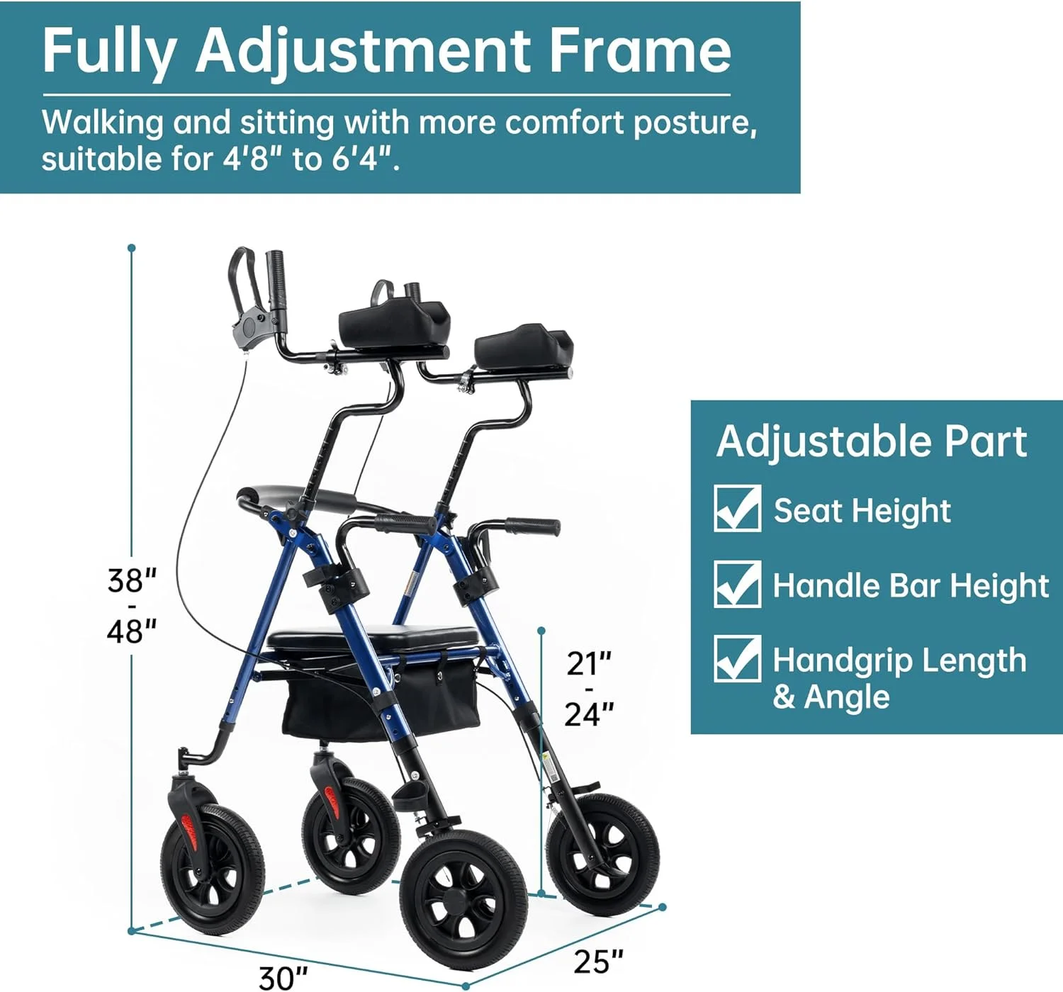 رولیتور ایستاده ELENKER، واکر چرخ دار ایستاده با چرخ های بزرگ 10 اینچی PU و تکیه گاه های بازوی قابل تنظیم برای سالمندان با قد 142 تا 193 سانتی متر (آبی) رولیتور ایستاده ELENKER، واکر چرخ دار ایستاده با چرخ های بزرگ 10 اینچی PU و تکیه گاه های بازوی قابل تنظیم برای سالمندان با قد 142 تا 193 سانتی متر (آبی)
