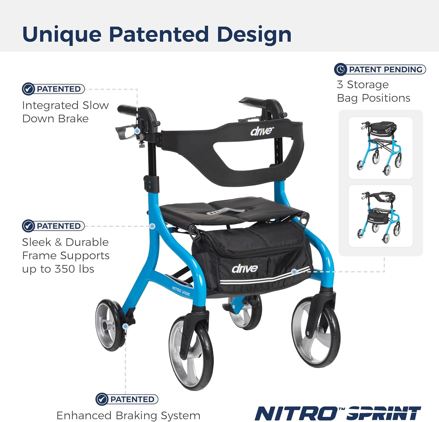 رولیتور واکر تاشو Drive Medical Nitro Sprint با صندلی، رولیتور سبک وزن با ارتفاع استاندارد و چرخ های بزرگ، واکر چرخ دار تاشو، رولیتور واکر با صندلی، آبی رولیتور واکر تاشو Drive Medical Nitro Sprint با صندلی، رولیتور سبک وزن با ارتفاع استاندارد و چرخ های بزرگ، واکر چرخ دار تاشو، رولیتور واکر با صندلی، آبی