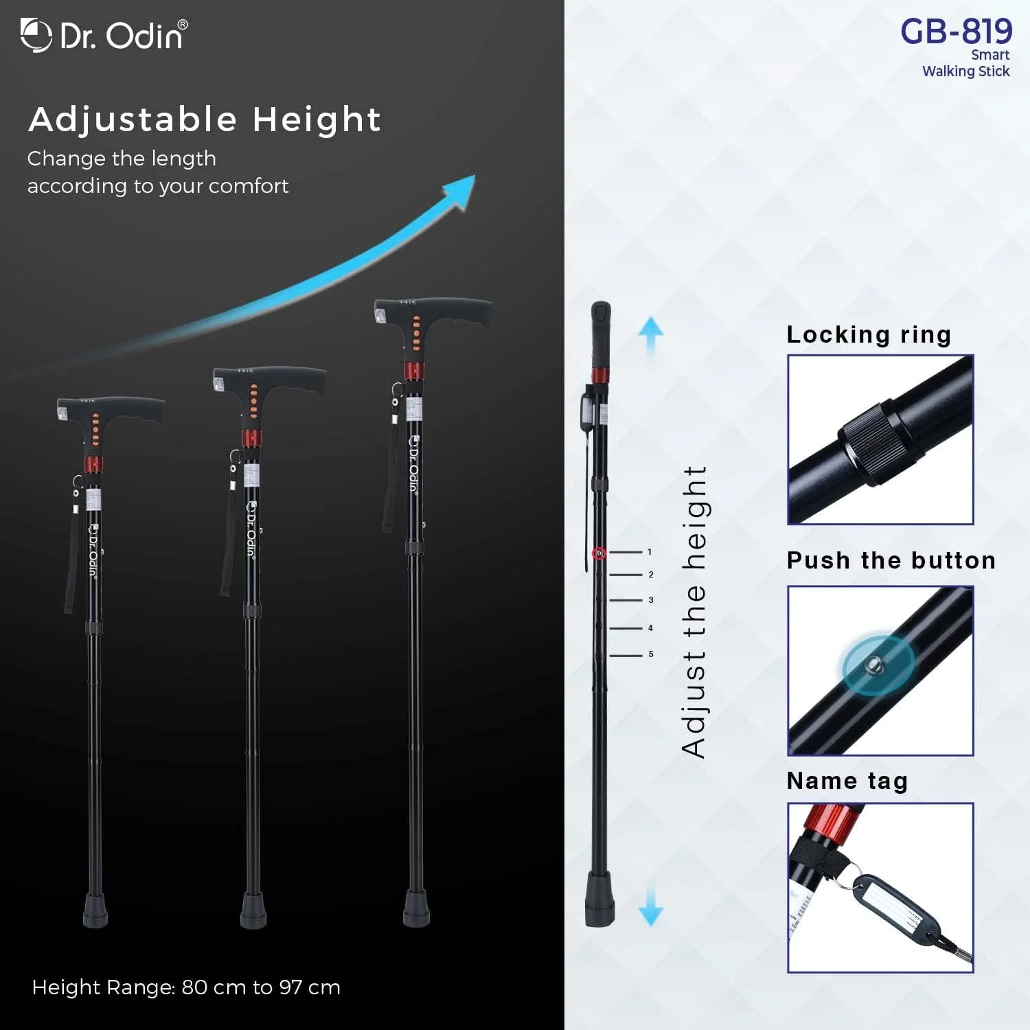 عصای هوشمند پیاده روی دکتر اودین مدل GB-819 با چراغ های LED، سیستم هشدار اتوماتیک، رادیو FM، شارژ USB، عصای پیاده روی قابل تنظیم برای سالمندان، مردان، زنان عصای هوشمند پیاده روی دکتر اودین مدل GB-819 با چراغ های LED، سیستم هشدار اتوماتیک، رادیو FM، شارژ USB، عصای پیاده روی قابل تنظیم برای سالمندان، مردان، زنان