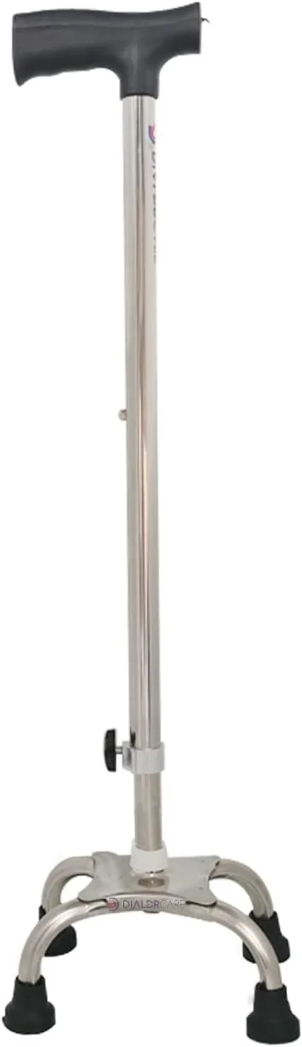 عصای سه پایه قابل تنظیم DIALDRCARE با 4 پایه لاستیکی ضد لغزش | عصا برای سالمندان، معلولین، افراد آسیب دیده (نقره ای)