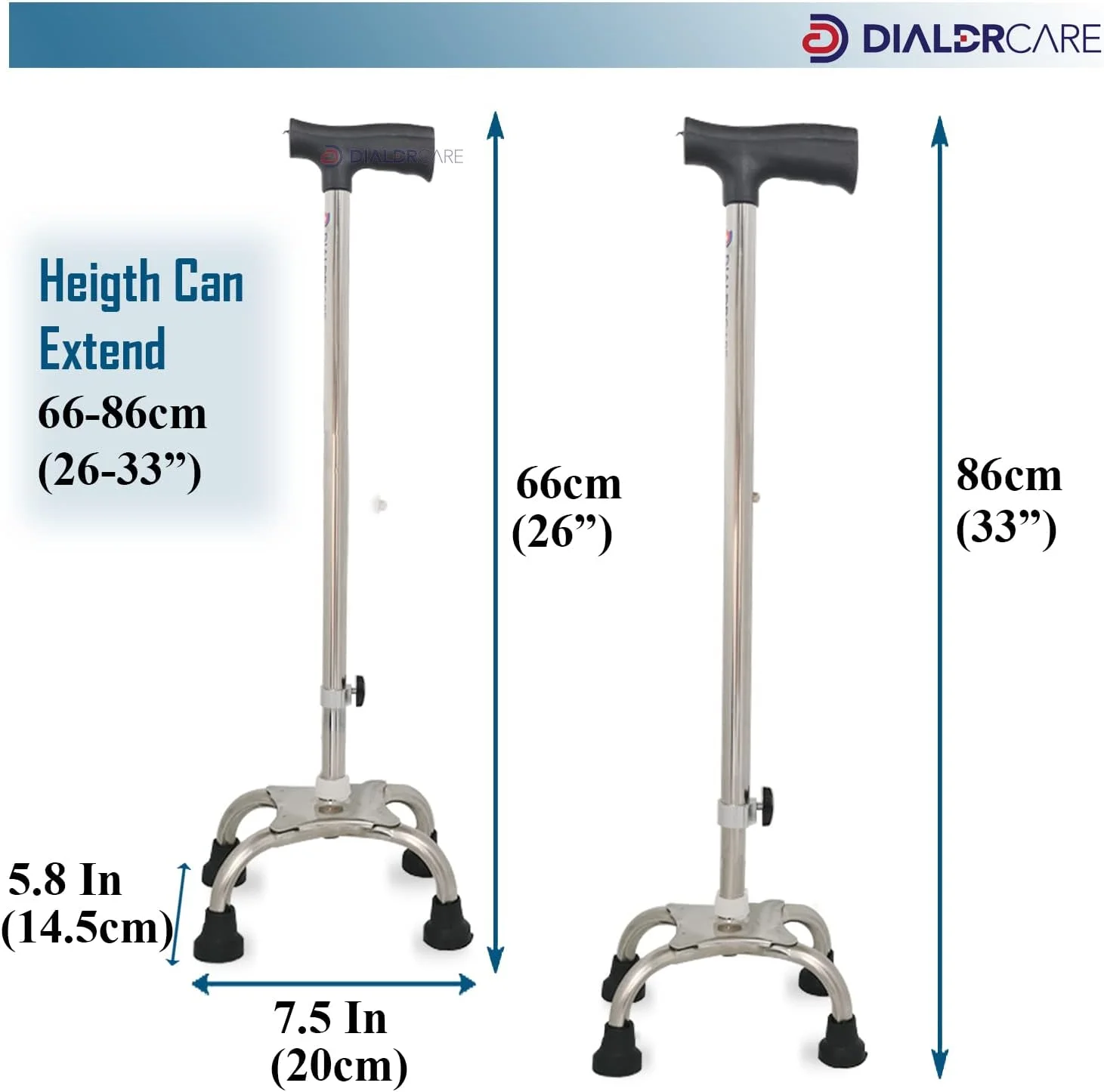 عصای سه پایه قابل تنظیم DIALDRCARE با 4 پایه لاستیکی ضد لغزش | عصا برای سالمندان، معلولین، افراد آسیب دیده (نقره ای)