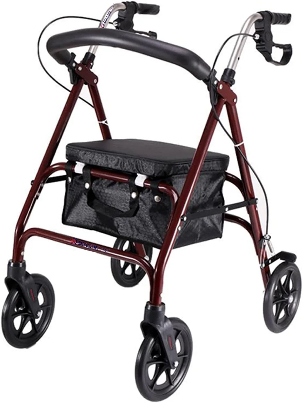 رولیتور تاشو فولادی DIALDRCARE با 4 چرخ، نشیمنگاه و پشتی فوق عریض، دسته قابل تنظیم - قهوه ای