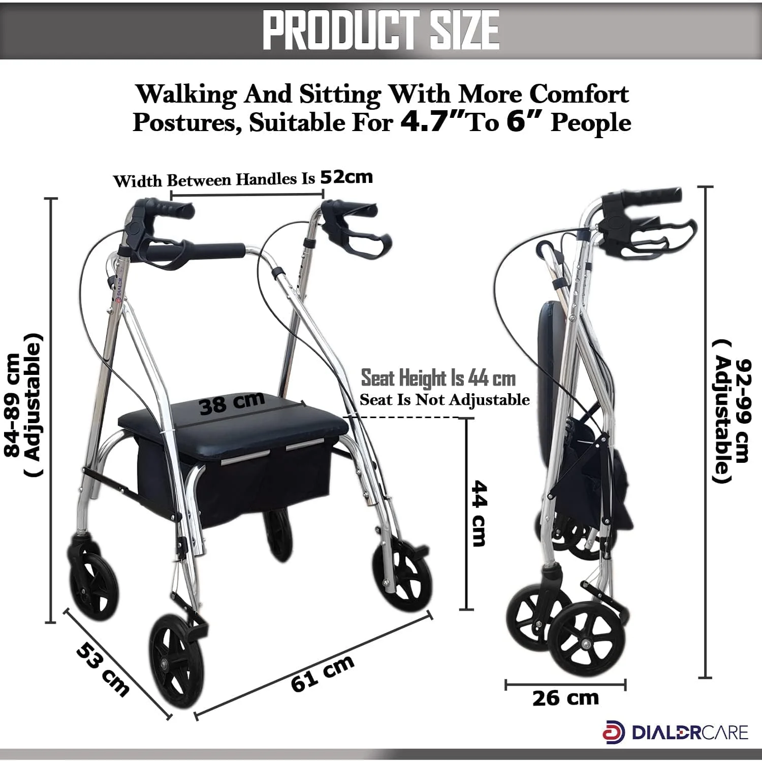 رولیتور تاشو فولادی DIALDRCARE با 4 چرخ، نشیمنگاه و پشتی فوق عریض و دسته قابل تنظیم - مشکی