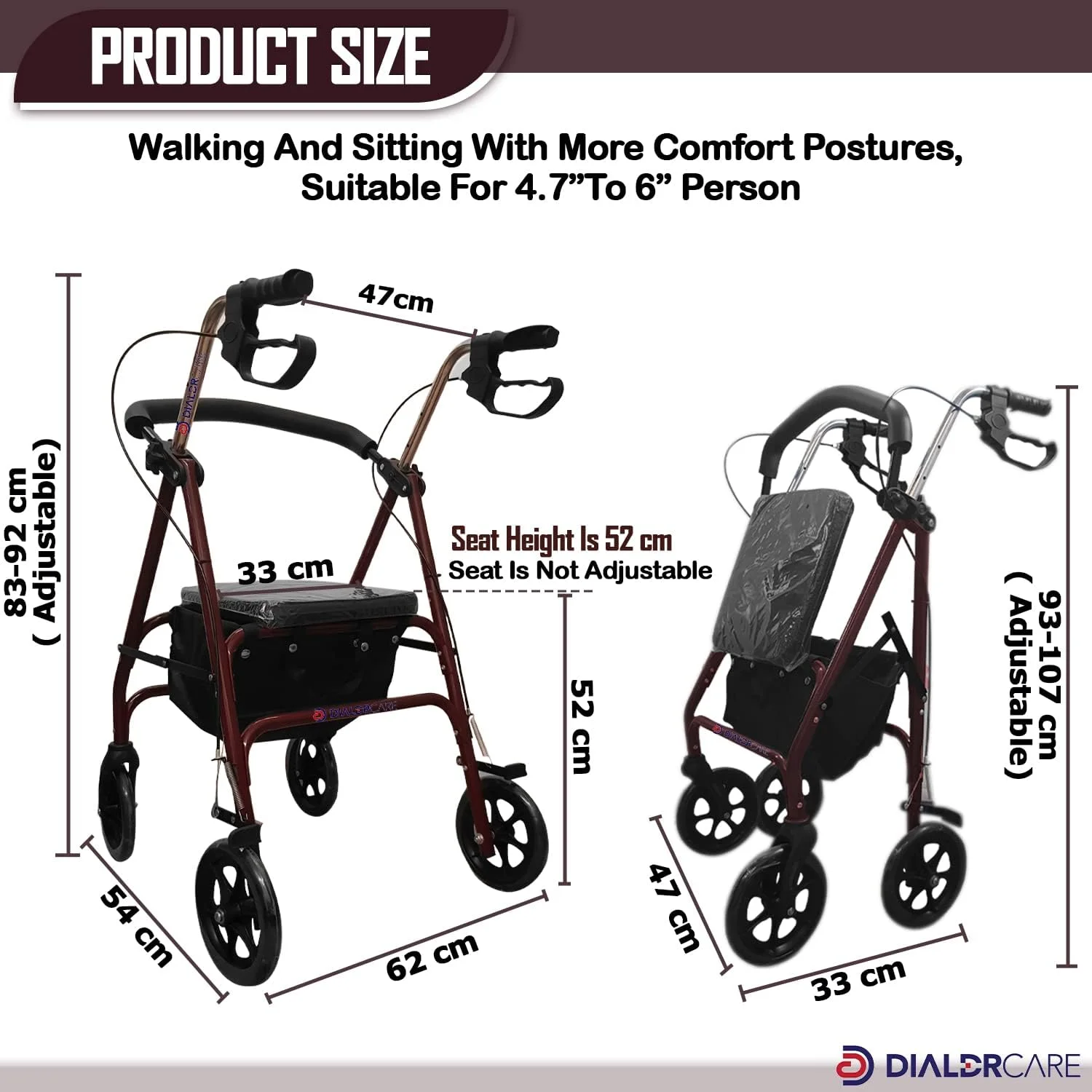 رولیتور تاشو فولادی DIALDRCARE با 4 چرخ، نشیمنگاه و پشتی فوق عریض، دسته قابل تنظیم - قهوه ای