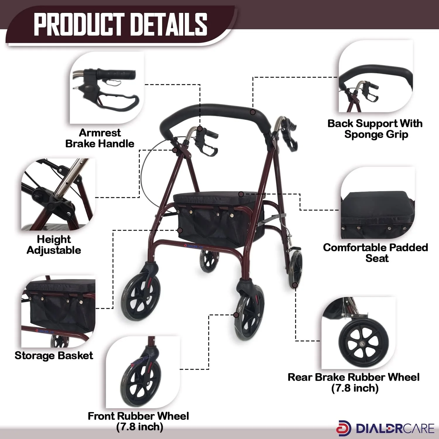 رولیتور تاشو فولادی DIALDRCARE با 4 چرخ، نشیمنگاه و پشتی فوق عریض، دسته قابل تنظیم - قهوه ای