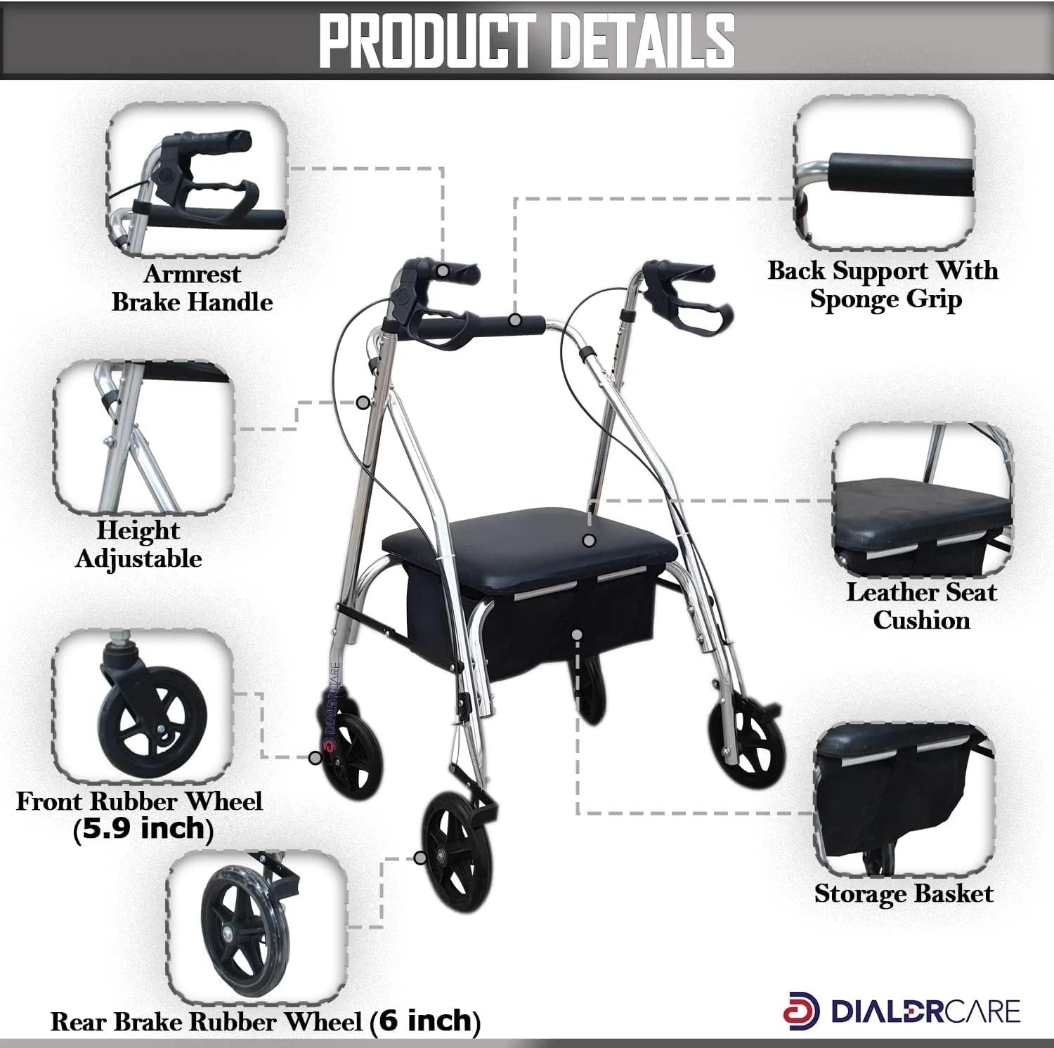 رولیتور تاشو فولادی DIALDRCARE با 4 چرخ، نشیمنگاه و پشتی فوق عریض و دسته قابل تنظیم - مشکی