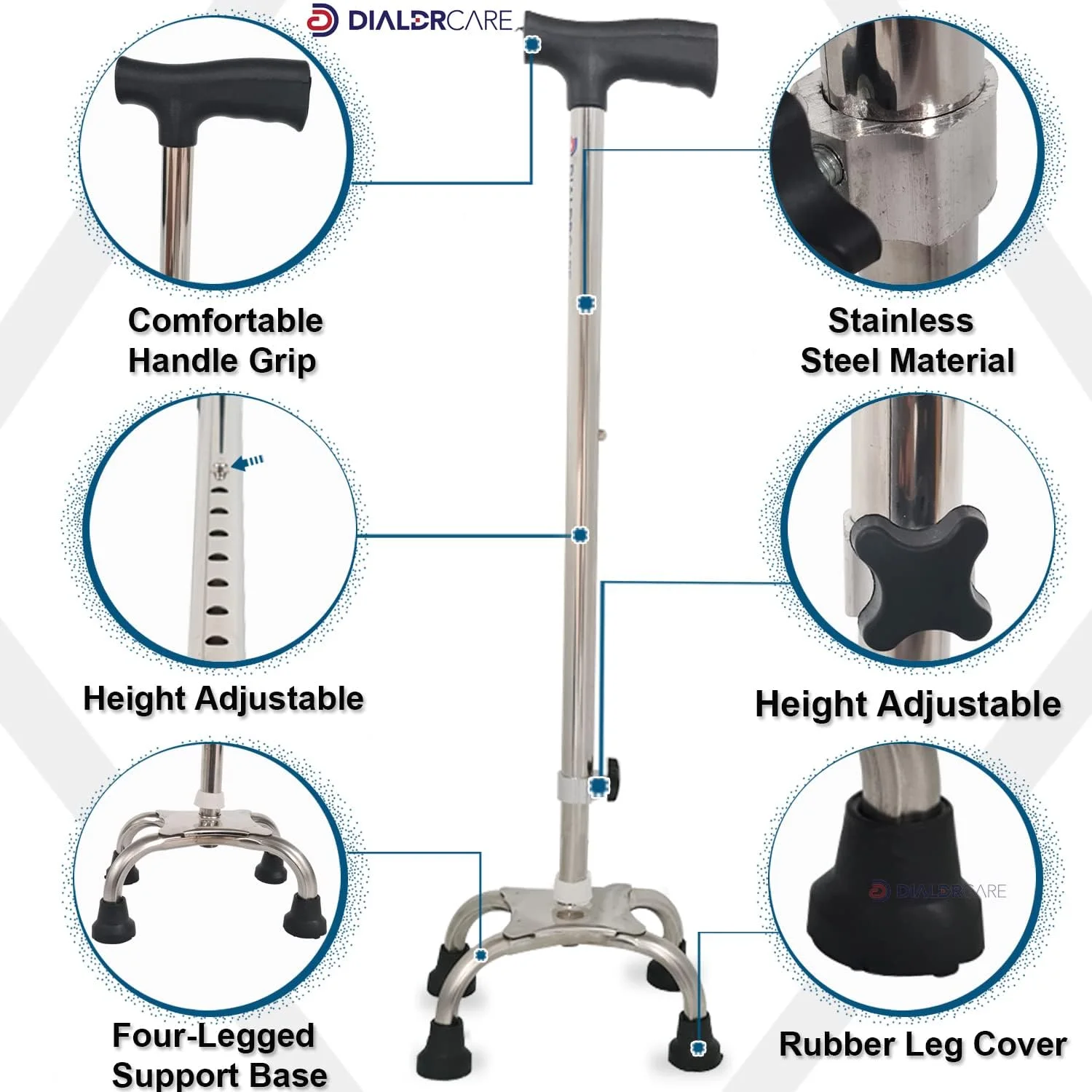 عصای تاشو کمک حرکتی DIALDRCARE با پایه کوچک 4 پایه، دسته راحت برای سالمندان، افراد مسن و معلولان