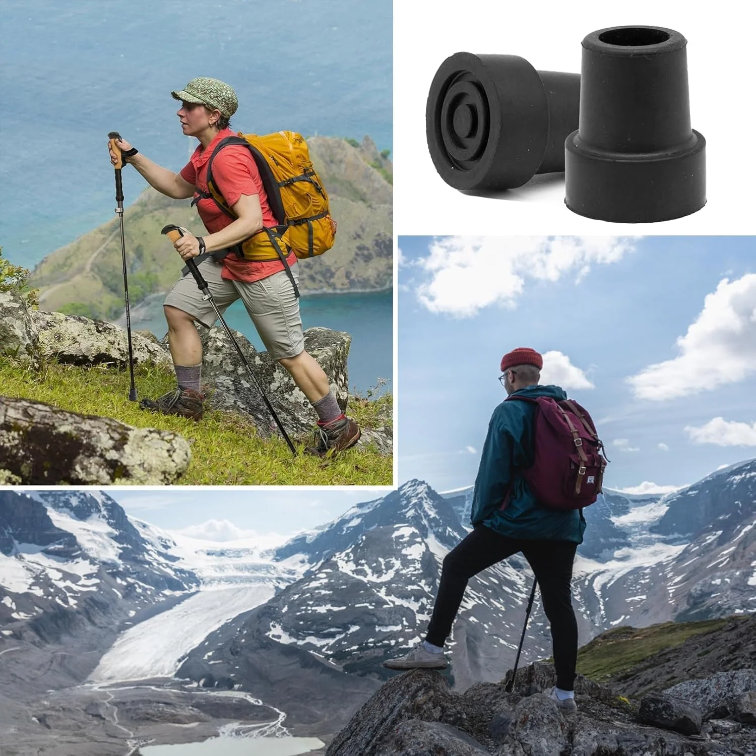 دو عدد سر عصا، کلاهک های مشکی برای عصاهای پیاده روی، سرپوش های لاستیکی ضد لغزش عصا، پد پای عصای سر صاف بادوام، برای عصاهای سالمندان، پیاده روی بزرگسالان، لوازم جانبی عصا.