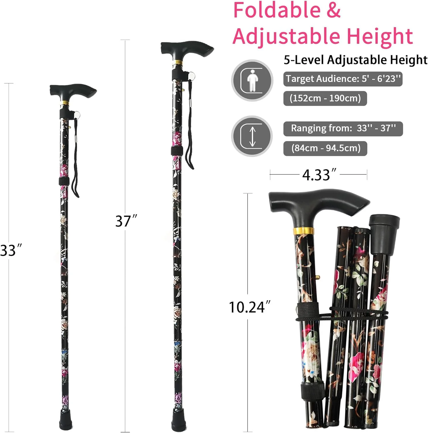 عصای پیاده روی 5 سطحی CLOKTA، سبک وزن، قابل تنظیم و آلومینیومی برای مردان و زنان بزرگسال سالمند، عصاهای تاشو، دسته چرخ دار ارگونومیک، طرح گلدار جدید