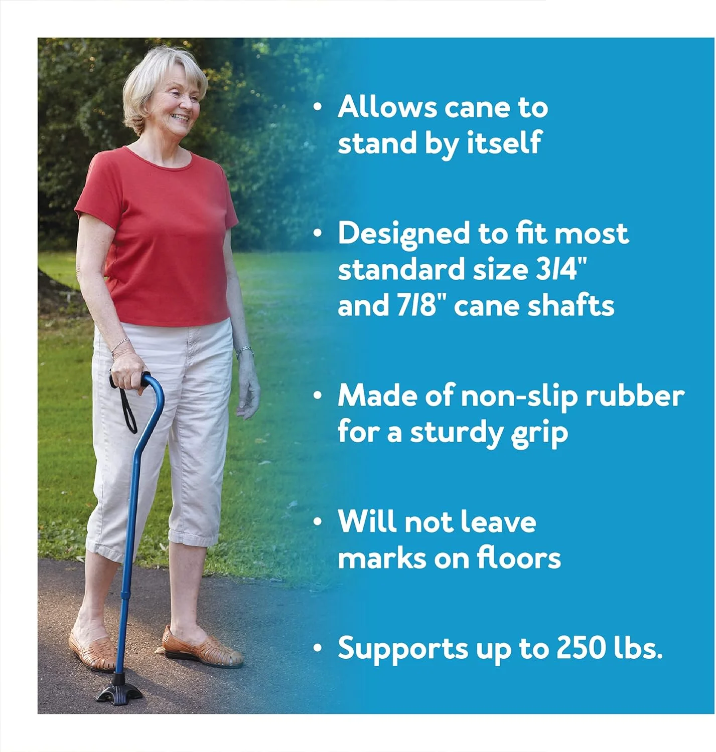 نوک عصای خودایستای کرکس، لاستیک محکم و ضد لغزش، نوک عصای چهار شاخه تثبیت کننده، پایه عصای چهارگانه به کف آسیب نمی رساند، ثبات را به عصای پیاده روی شما اضافه می کند.