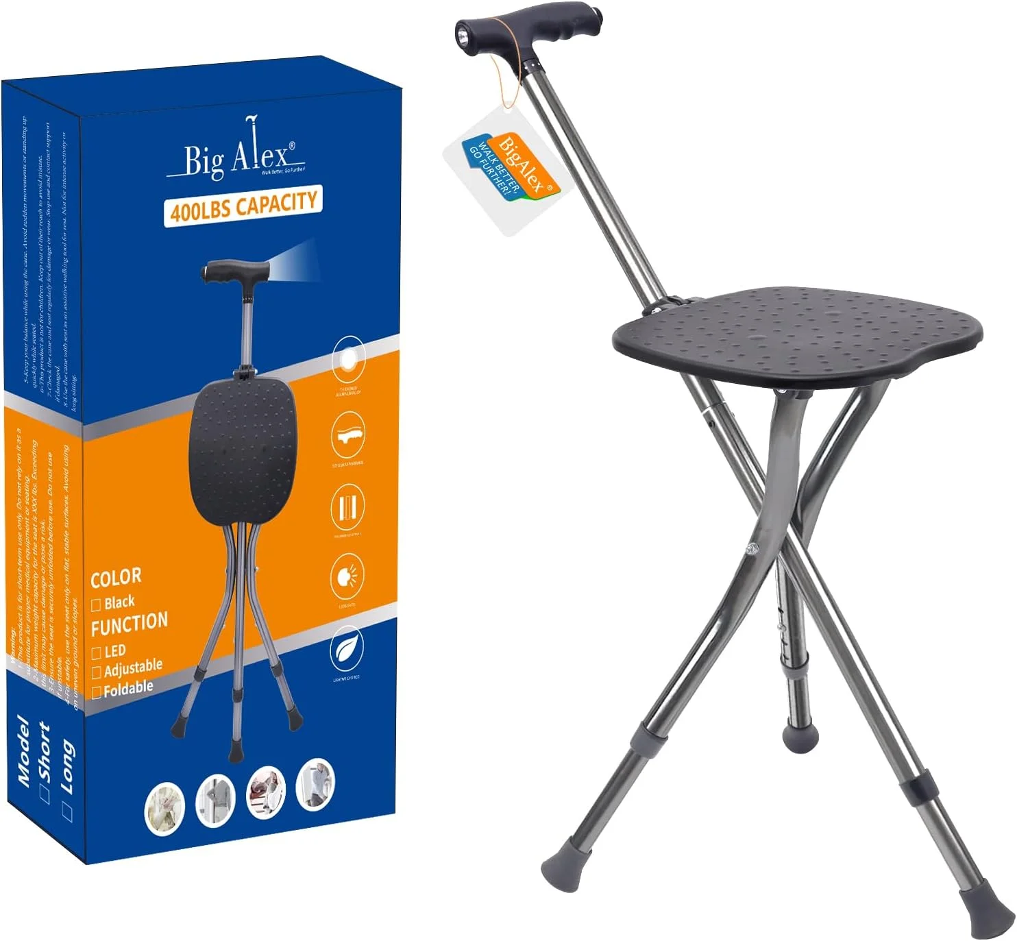 عصای تاشو آلیاژی BigAlex با صندلی، عصای پیاده روی سبک و قابل تنظیم با صندلی، عصای صندلی دار با LED برای سالمندان، صندلی عصایی برای زنان/مردان، عصای ضد لغزش برای سالمندان، مشکی