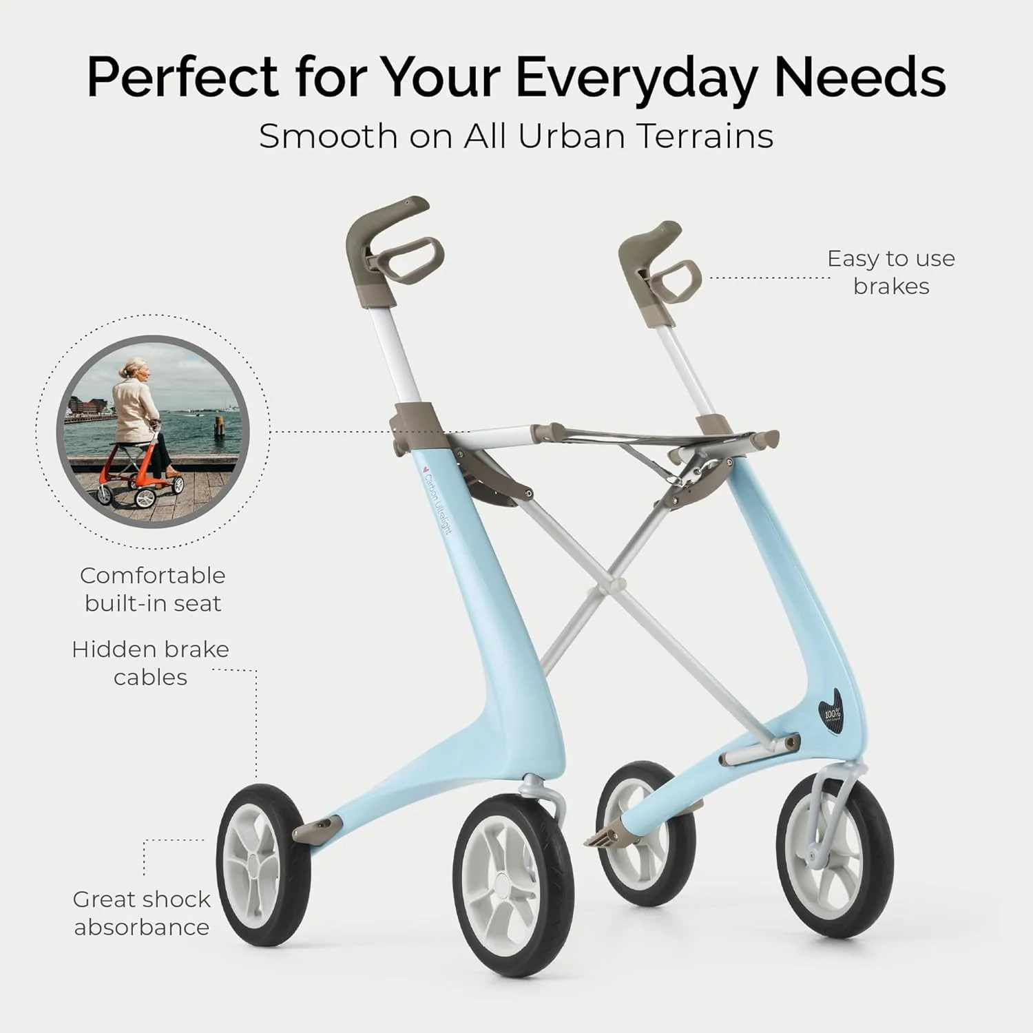 رولیتور کربنی فوق سبک byACRE - سبک‌ترین رولیتور کربنی جهان - فقط 4.8 کیلوگرم | مناسب برای استفاده در داخل و خارج از منزل | تاشو با صندلی و حمل آسان (آبی صبحگاهی، سایز کوچک)