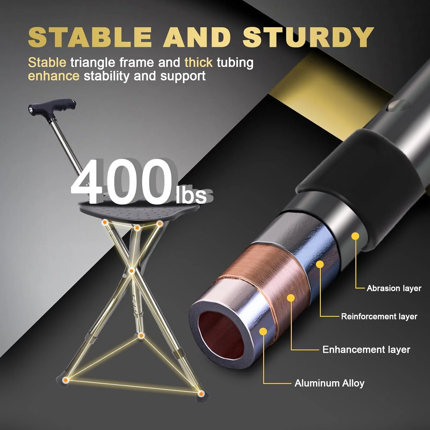 عصای تاشو آلیاژی BigAlex با صندلی، عصای پیاده روی سبک و قابل تنظیم با صندلی، عصای صندلی دار با LED برای سالمندان، صندلی عصایی برای زنان/مردان، عصای ضد لغزش برای سالمندان، مشکی