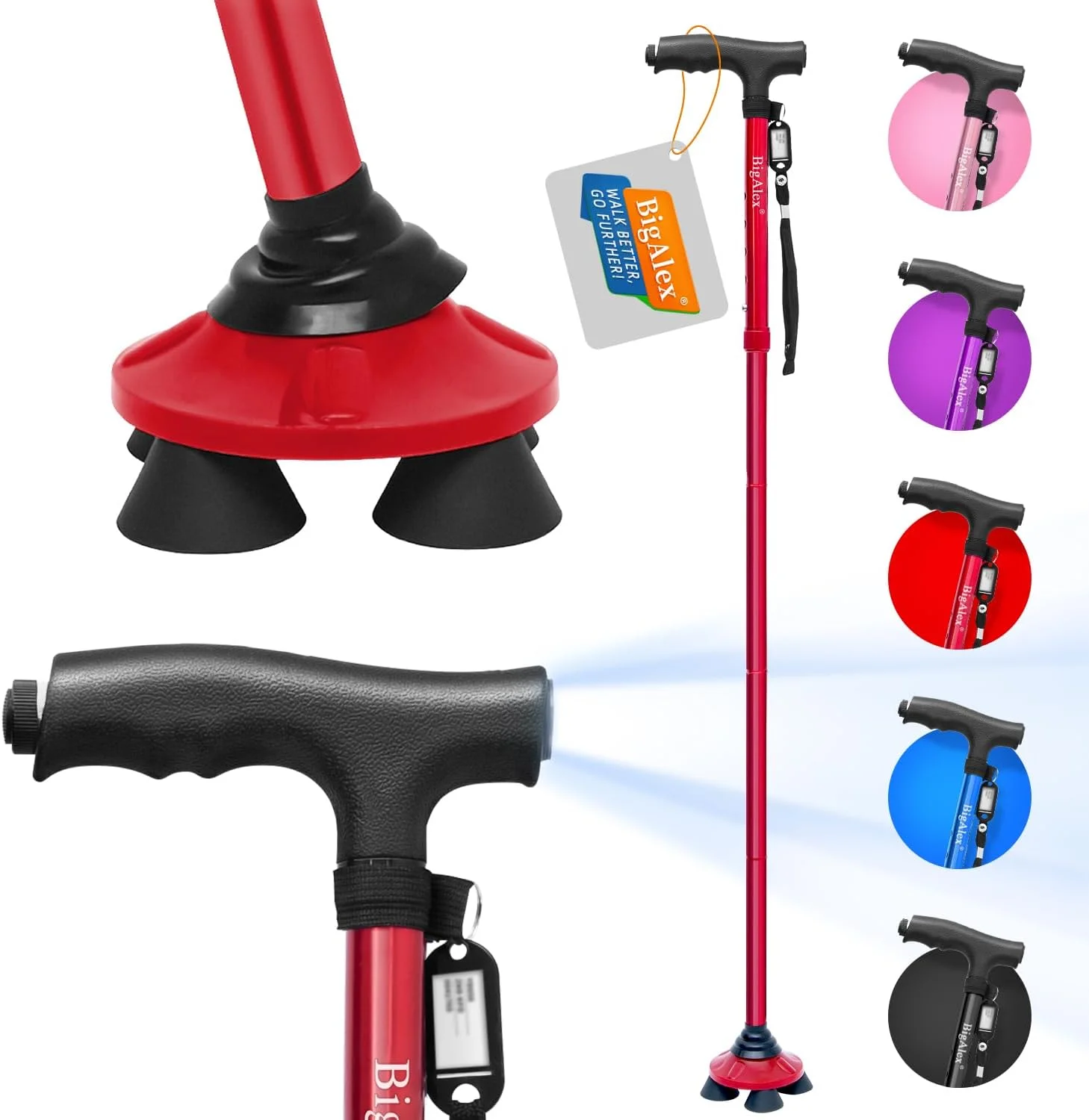 عصای تاشو پیاده روی BigAlex با چراغ LED، پایه چهارگانه چرخشی، عصای پیاده روی قابل تنظیم با کیف حمل برای مردان/زنان