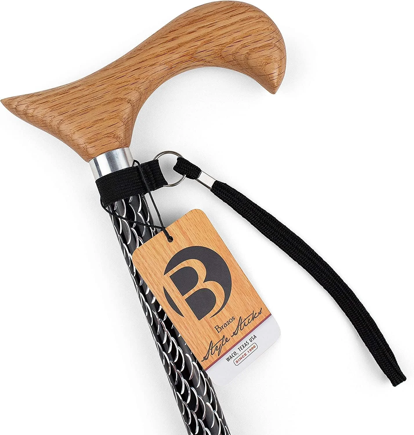 عصای پیاده روی قابل تنظیم برازوس برای مردان و زنان، ساخته شده از آلومینیوم سبک وزن حکاکی شده با دسته چوبی، بند مچی و نوک لاستیکی برای ایمنی، بدنه مشکی و نقره ای با دسته چوب بلوط قرمز