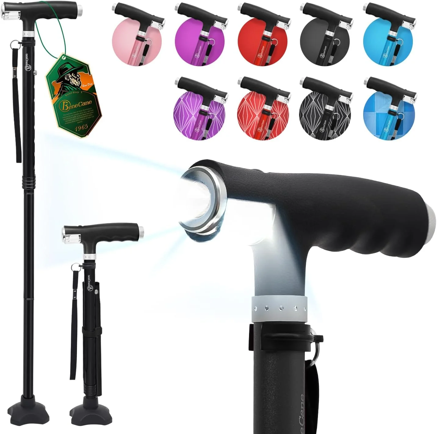 عصای پیاده روی BeneCane برای زنان، عصای تاشو برای مردان با دو چراغ ال ای دی، عصای چهار پایه با پایه پایدار، عصای پیاده روی سبک و قابل تنظیم